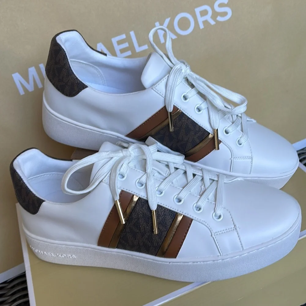 MICHAEL KORS POPPY STRIPE LACE UP NAPPA FAUX LEATHER WMNS OPTIC WHITE/BROWN - Picture 8 of 16